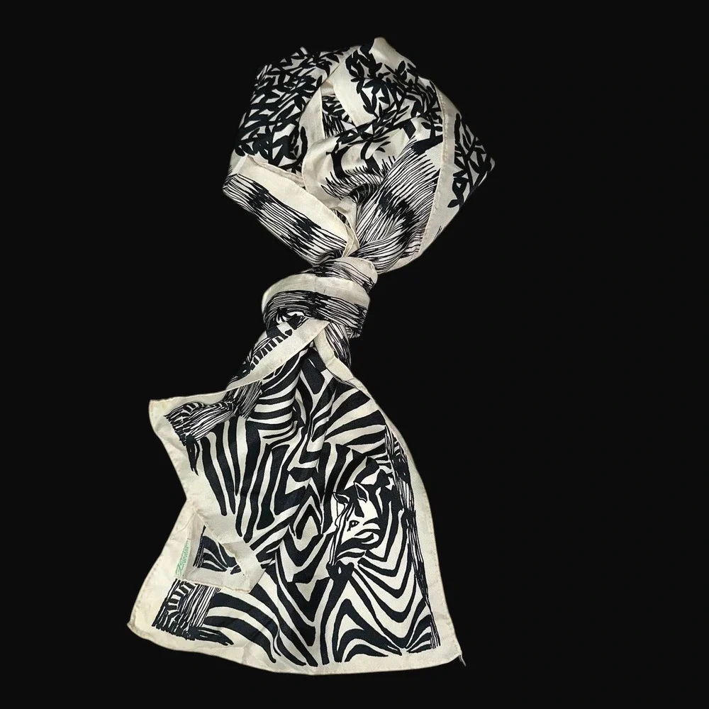 Forsum‎ Vintage Silk Scarf Earle Van Doorn Zebra Print Black White Japan 11x82